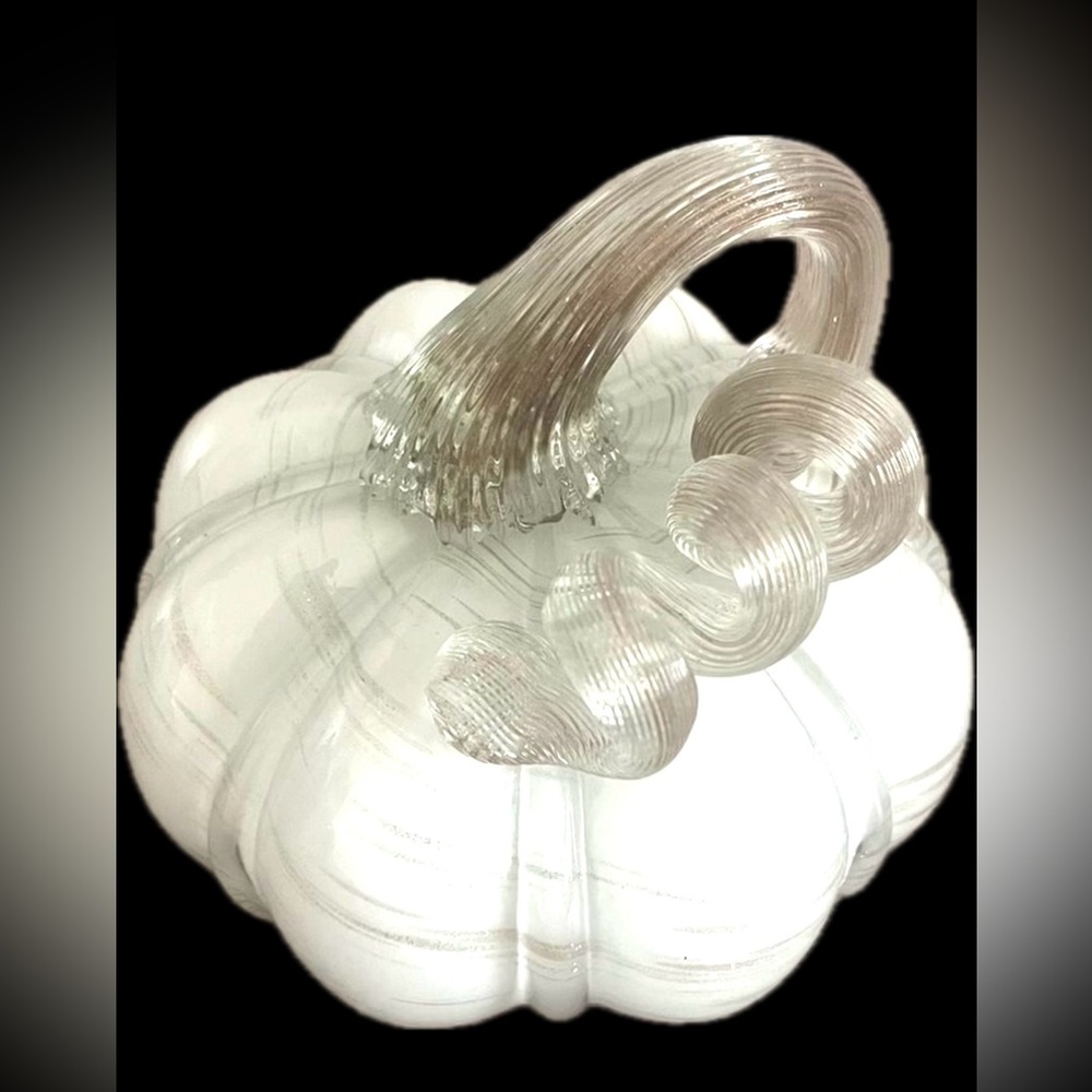 NEW Stunning Handblown Glass Pumpkin Squash Decor Clear Stem White Gourd OOAK G